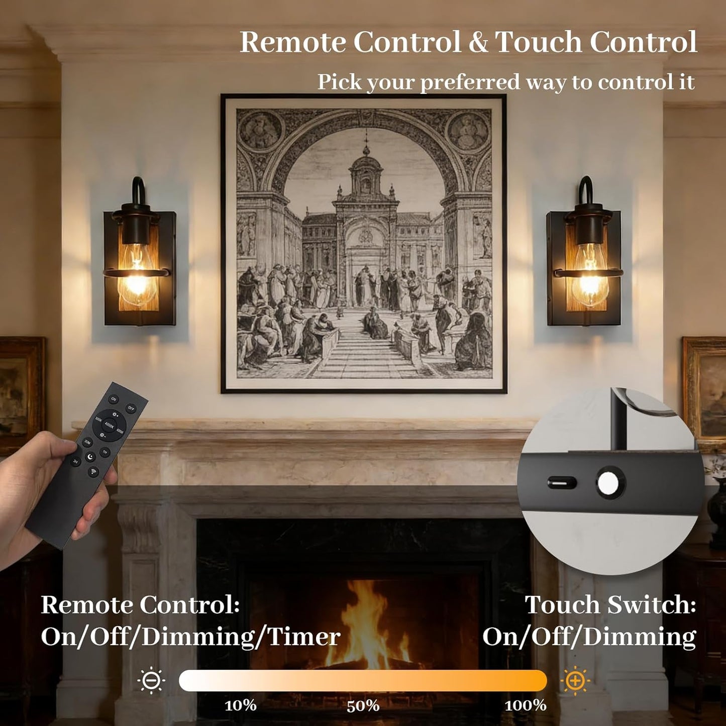 Battery Operated Wall Sconce Set of 2, Wireless Wall Lights with Remote Control, Dimmable 3 Color Temperatures