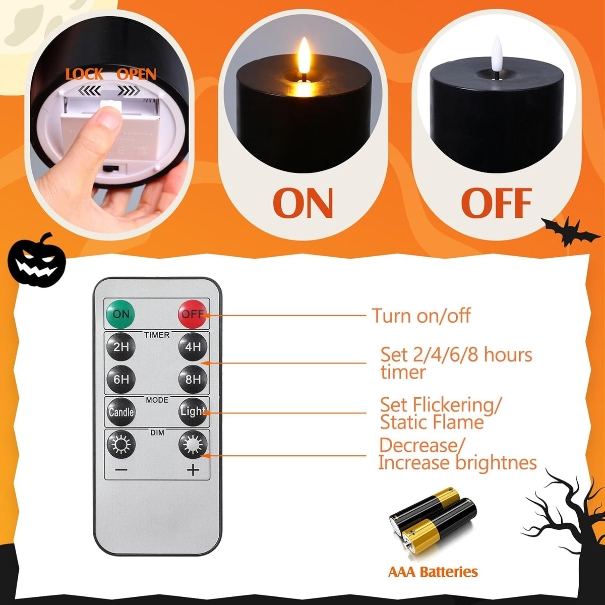 3 Pcs Halloween 6/8/12 Inches Black Flameless LED Candles with Remote and 2/4/8h Timer Battery Operated Electric Wax