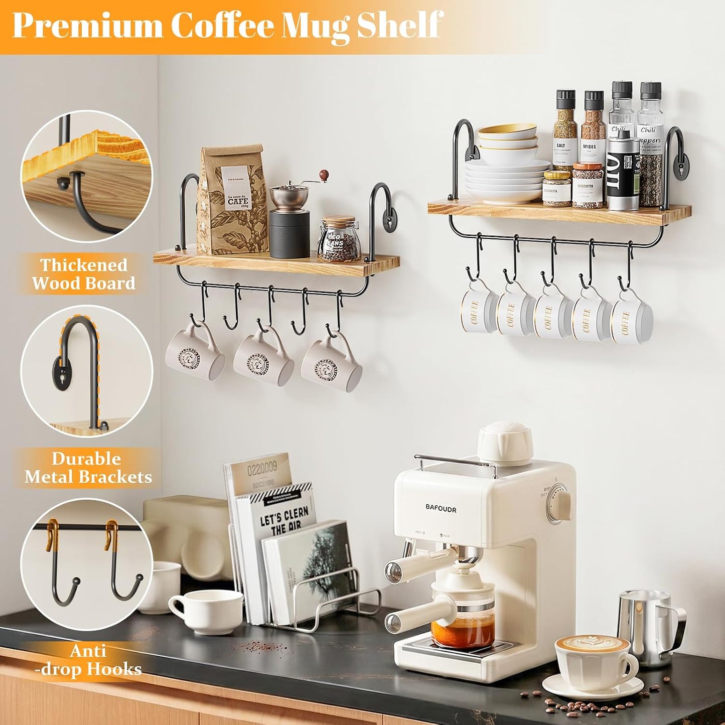 Olakee Floating Wall Shelves for Kitchen Bathroom Coffee Nook with 10 Adjustable Hooks for Coffee Mugs, Coffee Bar