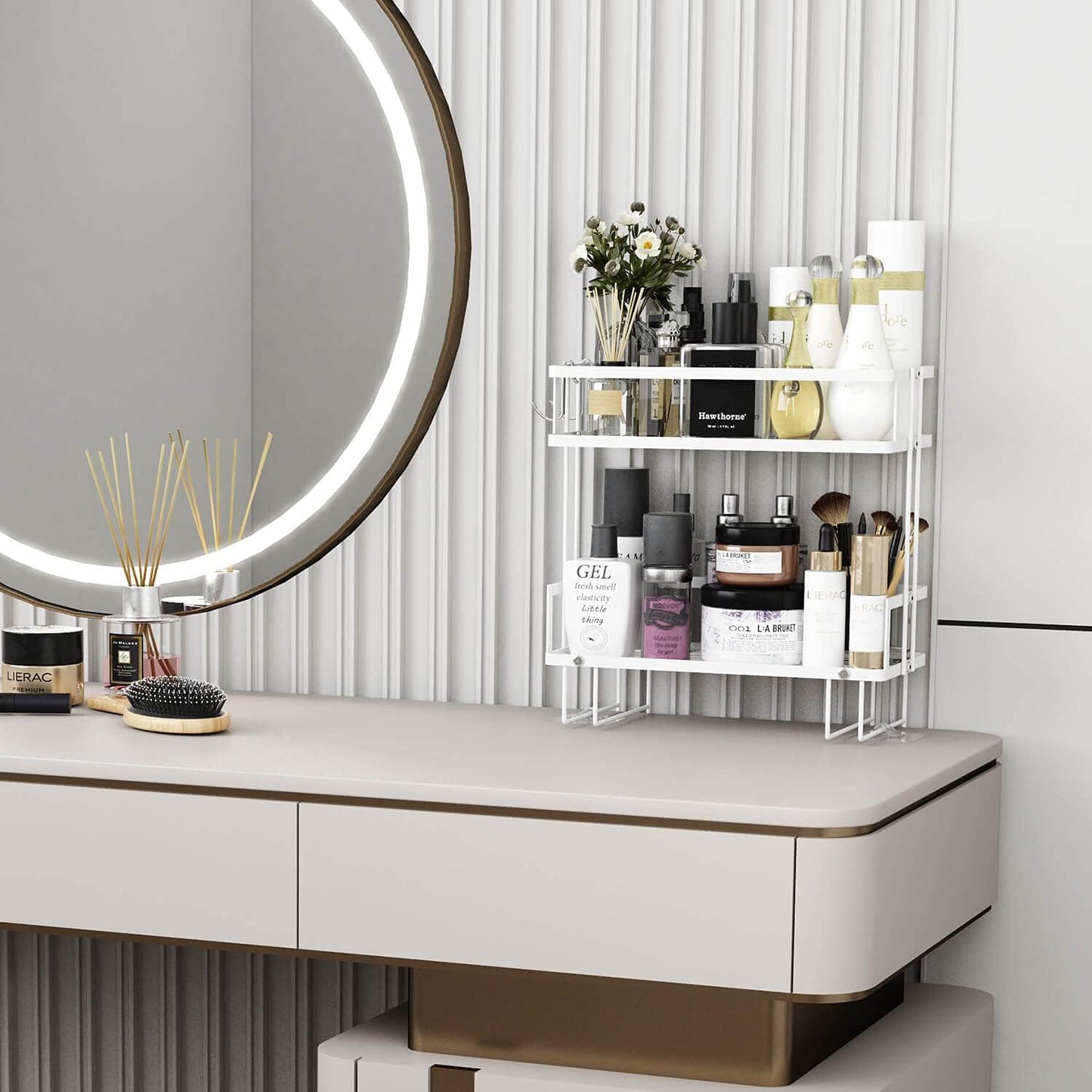 2-Tier Over Toilet Storage Shelf, Wall-Mount with 2 Hook/Paper Rack | Bathroom Organizers and Storage Cabinet