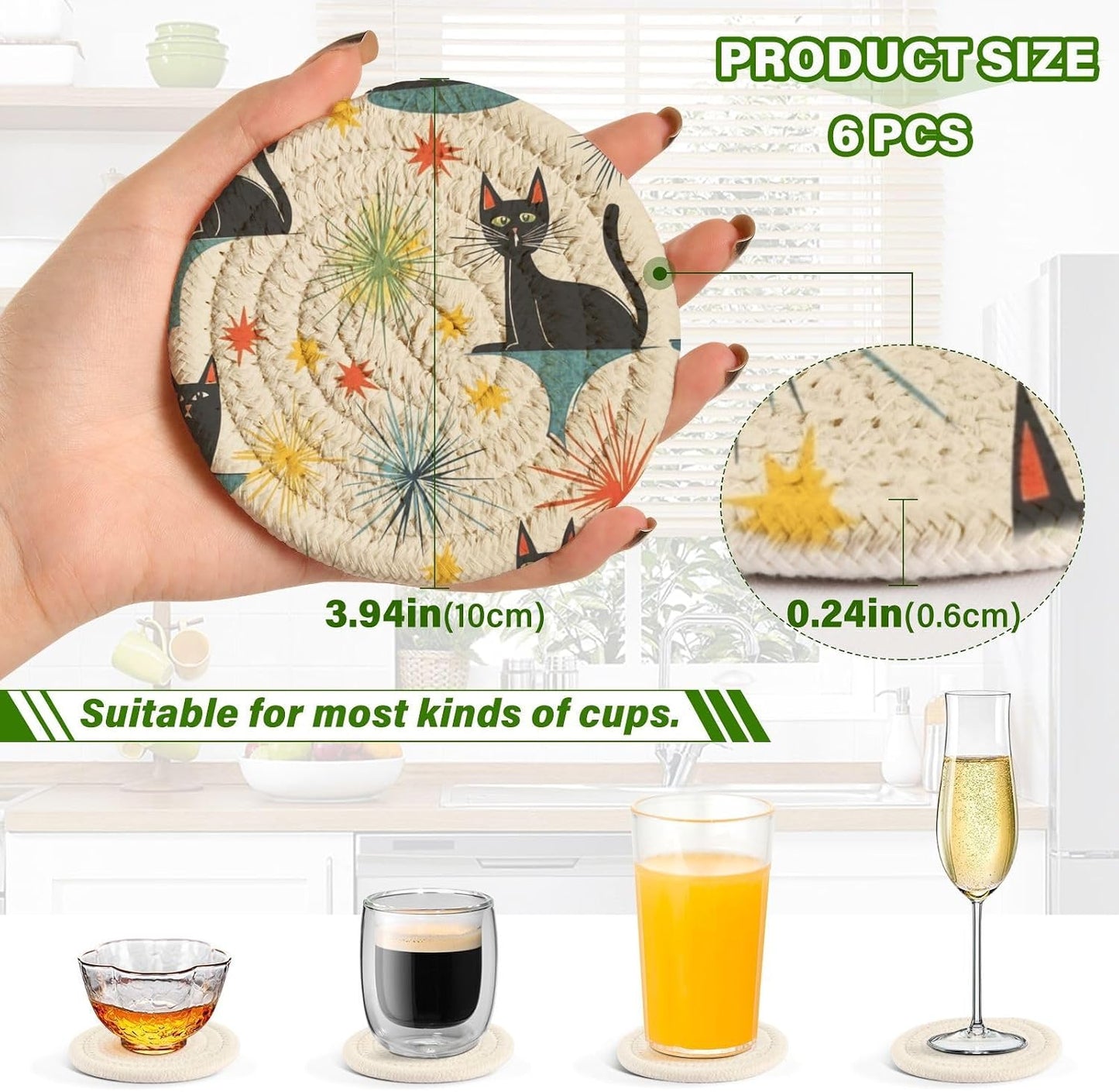 Holder / 1950s Mid Century Modern Atomic Cats Pattern Round Cup Mat / Multi 3 / Black / Set of 6