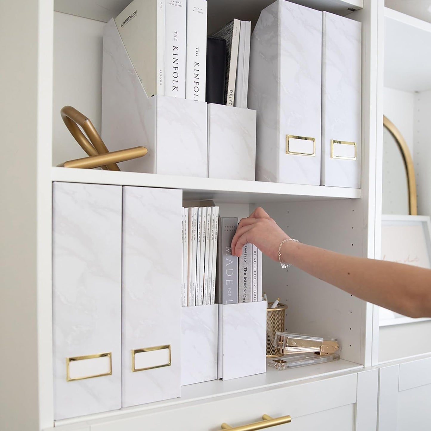 BLU MONACO Set of 4 Magazine Holders | White Marble Design with Gold Label Holders | Foldable File Organizer Boxes for