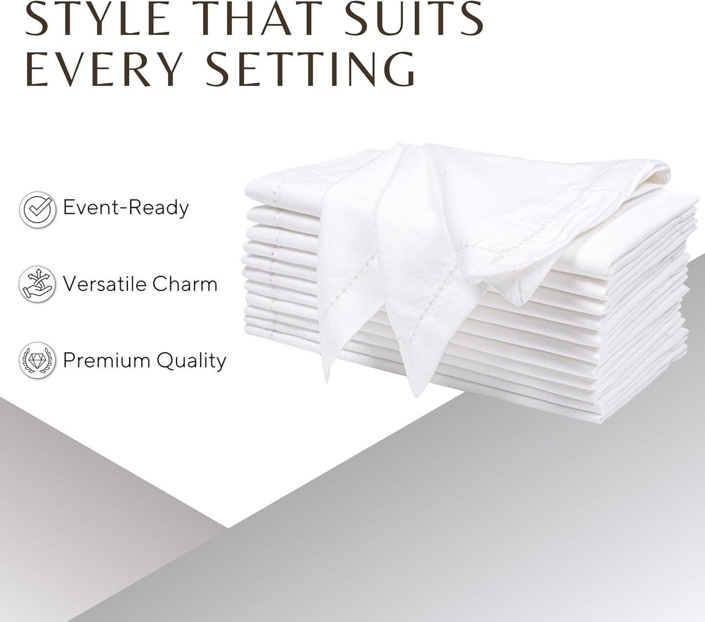 Ramanta Home Flax Linen Cloth Napkins Set of 12 20x20 Inches - White | Hemstitched Cotton Linen Blend Dinner Napkin