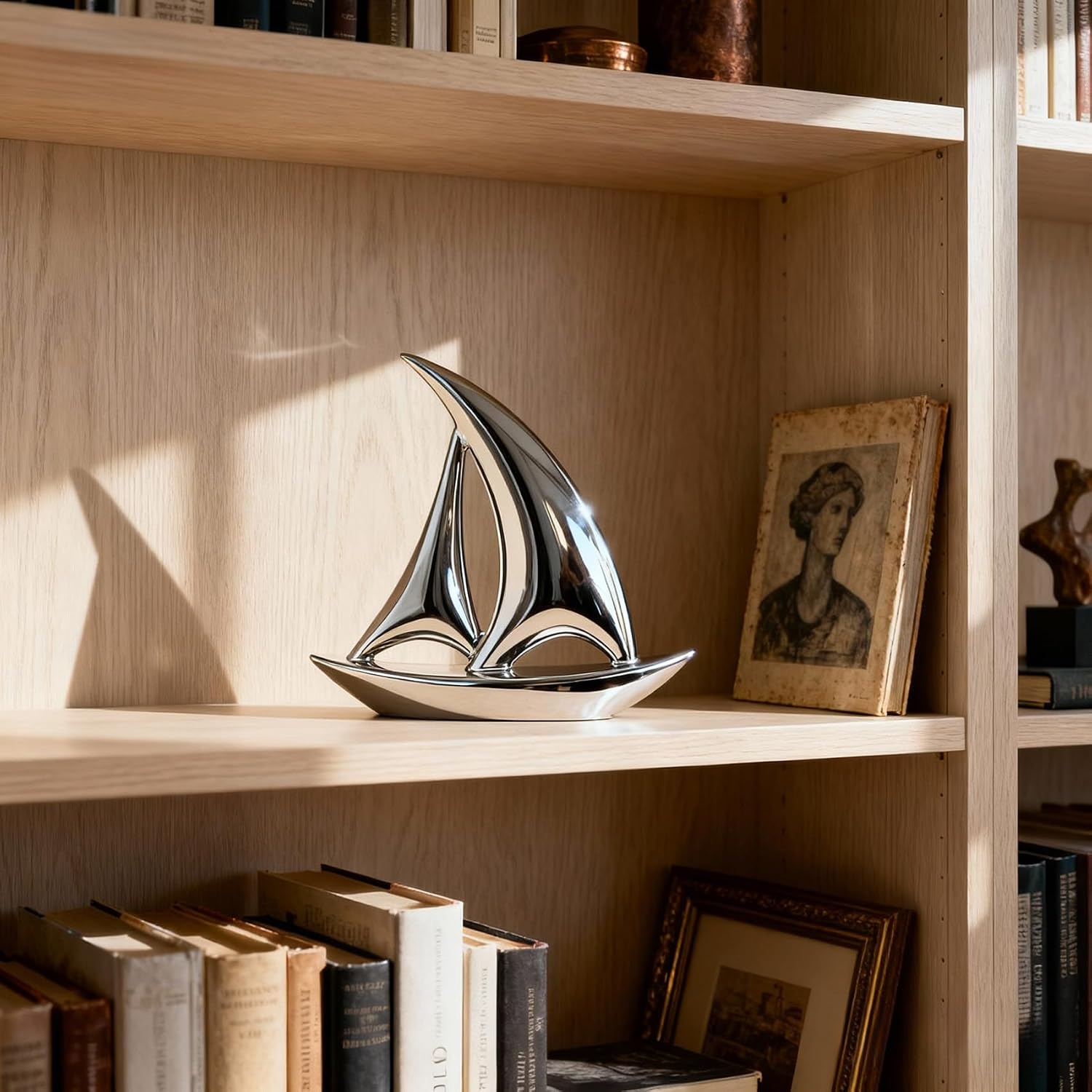 Mirror-Finish Nautical Coastal Boat Figurine / Electroplated Silver