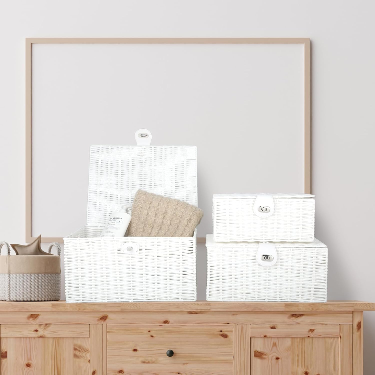 Woven Basket / Wicker Storage Baskets / White / Set of 3