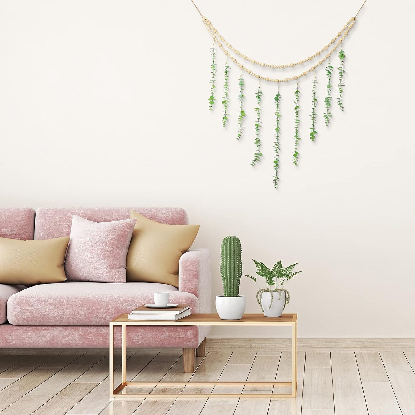 Hanging Eucalyptus Boho Wall Decor Large Boho Bedroom Wall Hanging Wooden Bead Garland / Natural