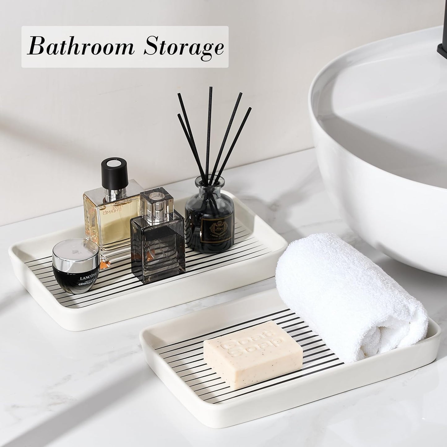2PC Rectangle Striped Tray / White Color with Black Stripes- Large / Set of 2