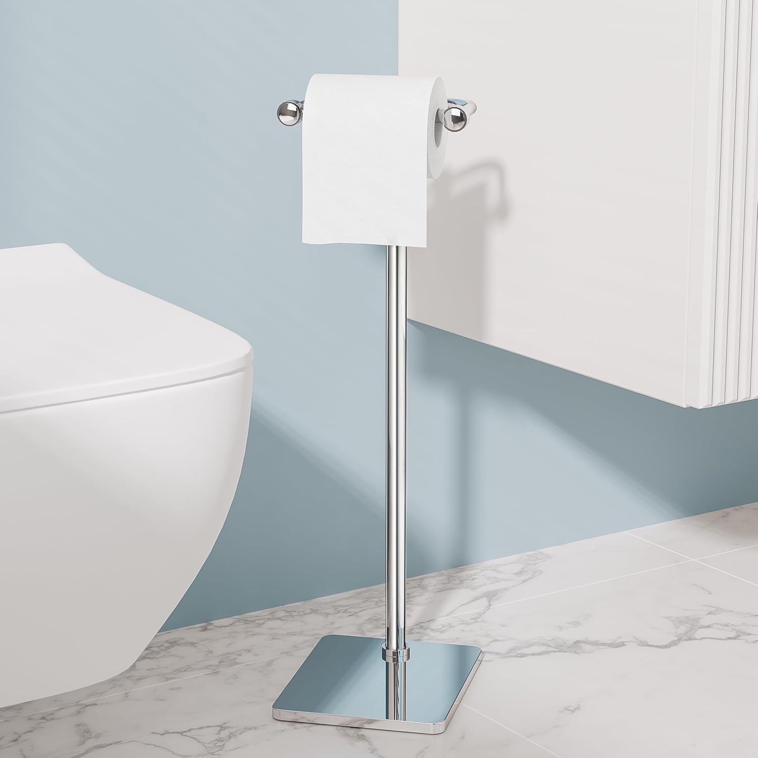 RUACQ Bathroom Toilet Paper Holder Stand, Chrome | Dual-Post Pivoting Free Standing Toilet Roll Holder with Weighted