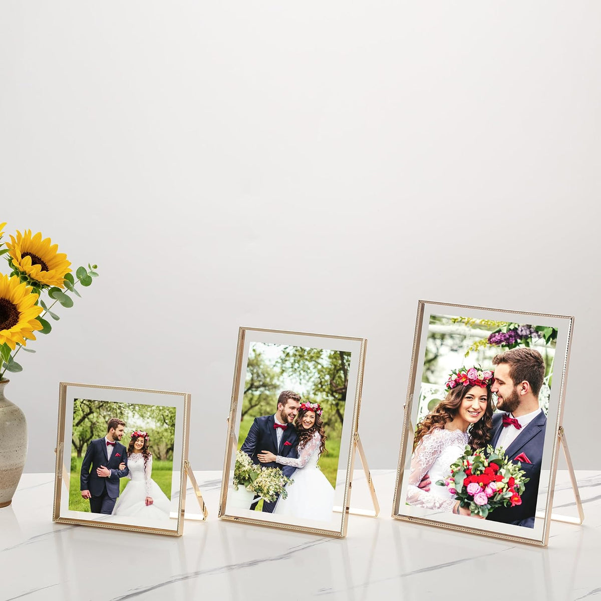 Gold Floating Picture Frames Set of 3,Metal Geometric Photo Frame with Glass Cover Includes(5x7'',4x6'',4x4'')Tabletop