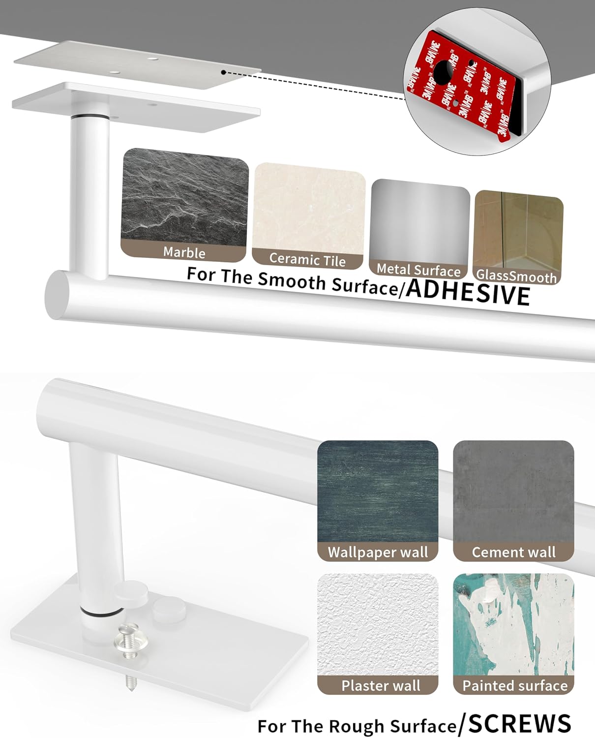 White Paper Towel Holder Under Cabinet Self Adhesive or Wall Mount | 304 Stainless Steel Post Pivoting Design No