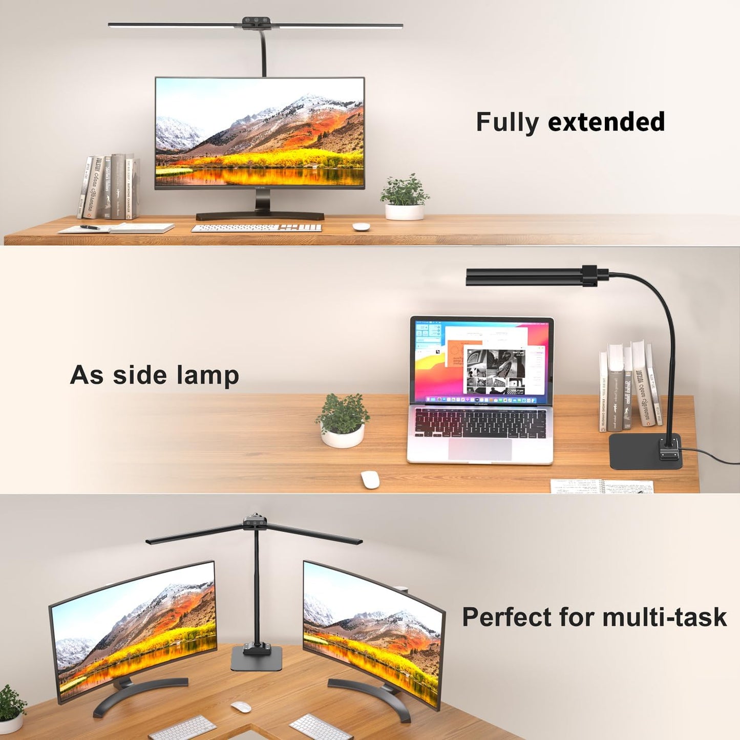 LED Desk Lamp Double Light: 1200LM Desk Light Base for Home Office, Black | Dual Screen Computer Monitor Light