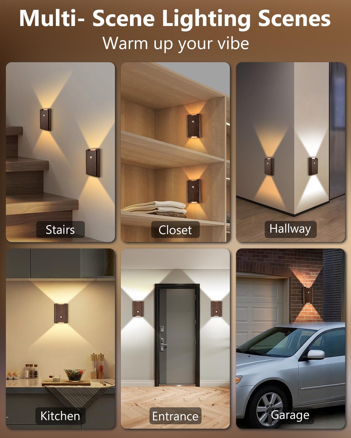 WERFOP Rechargeable Motion Sensor Wall Light Set of 2 (Walnut) | 5000mAh Wireless Battery Operated,3 Colors Up/Down
