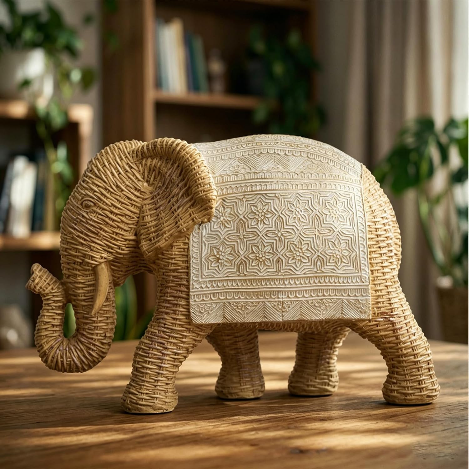 Elephant Statue Boho Home Decor Woven Detail Accent / Woven Gold