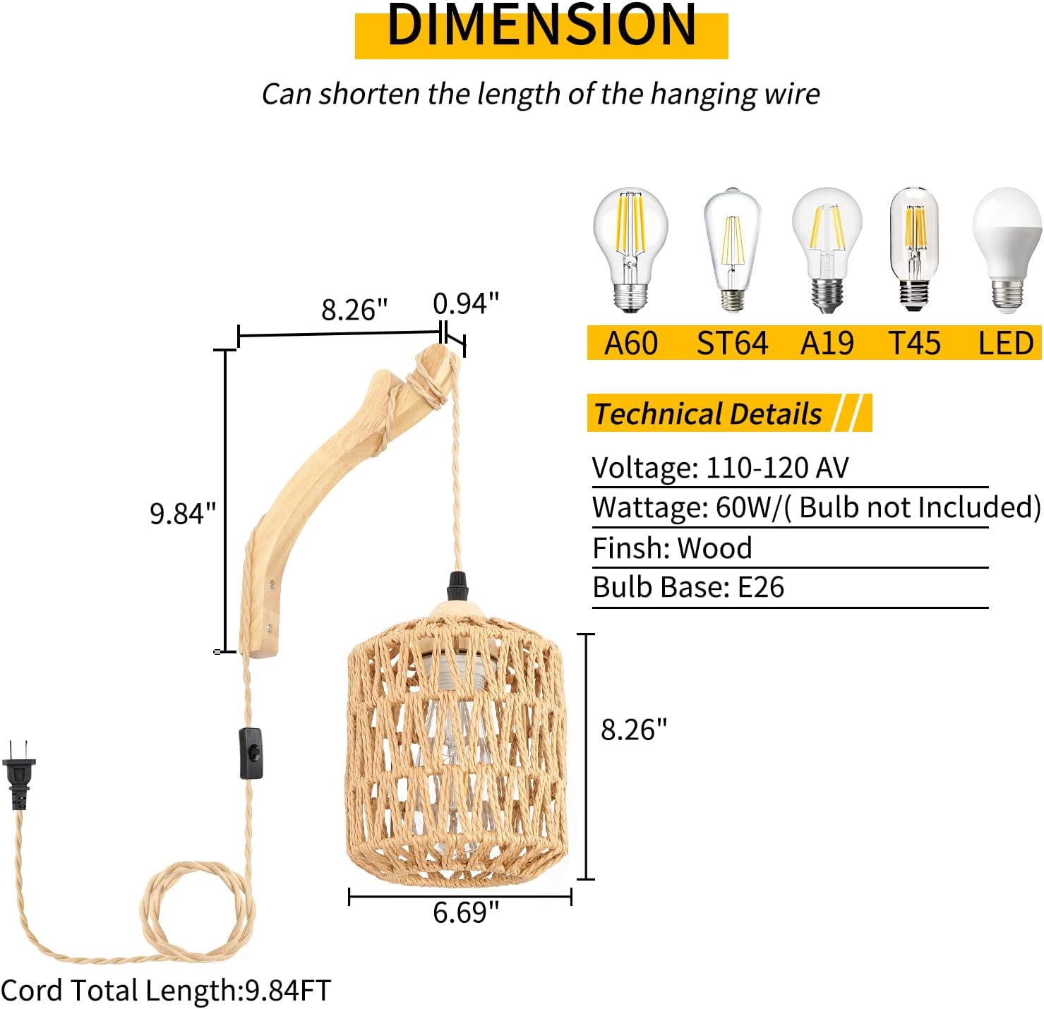 Frideko Plug in Wall Sconces Set of Two Hand Woven Lamp / Brown