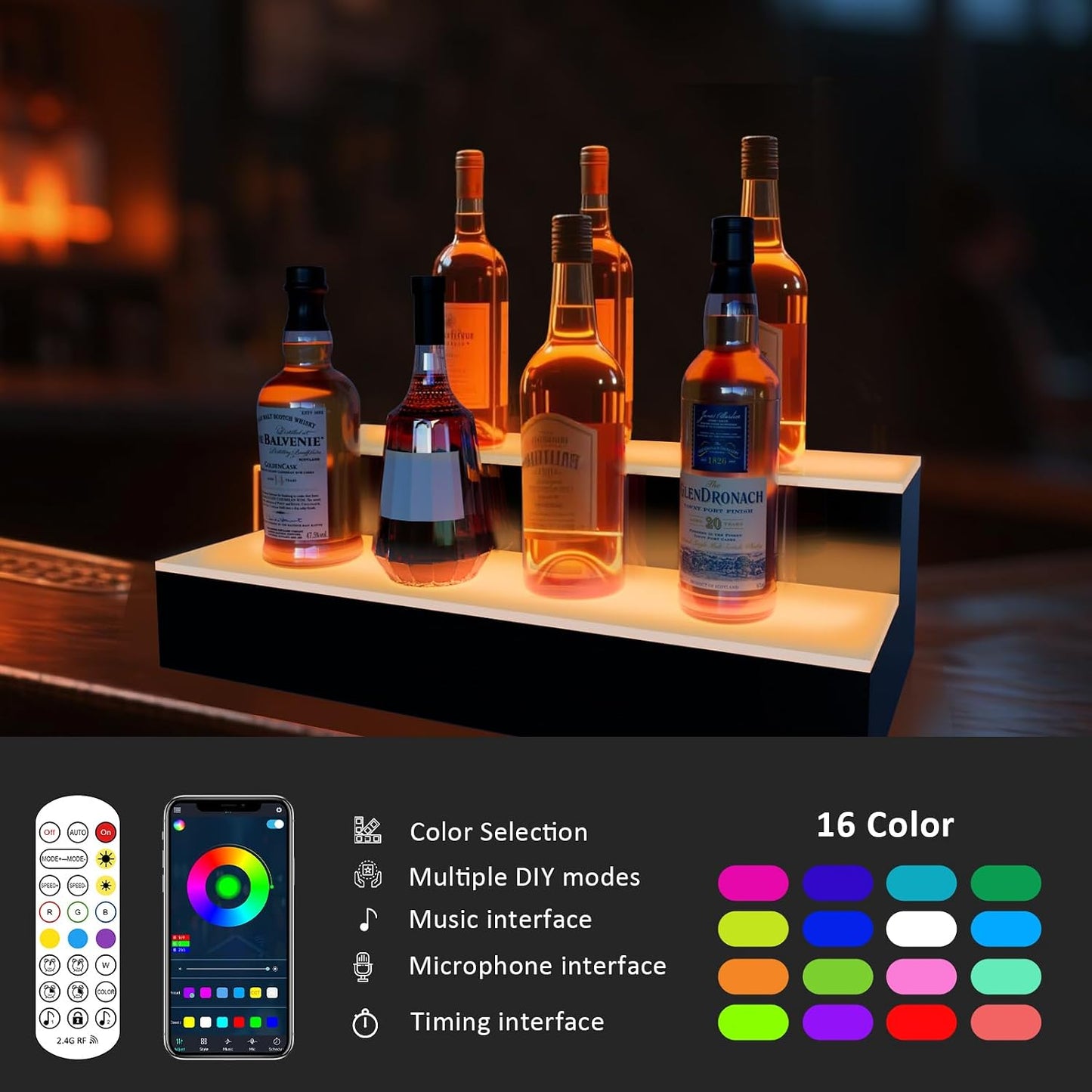 VONCI LED Lighted Liquor Bottle Display Shelf,16-Inch 2-Step Bar Bottle Display Shelf Bar Shelves for Liquor Bottles