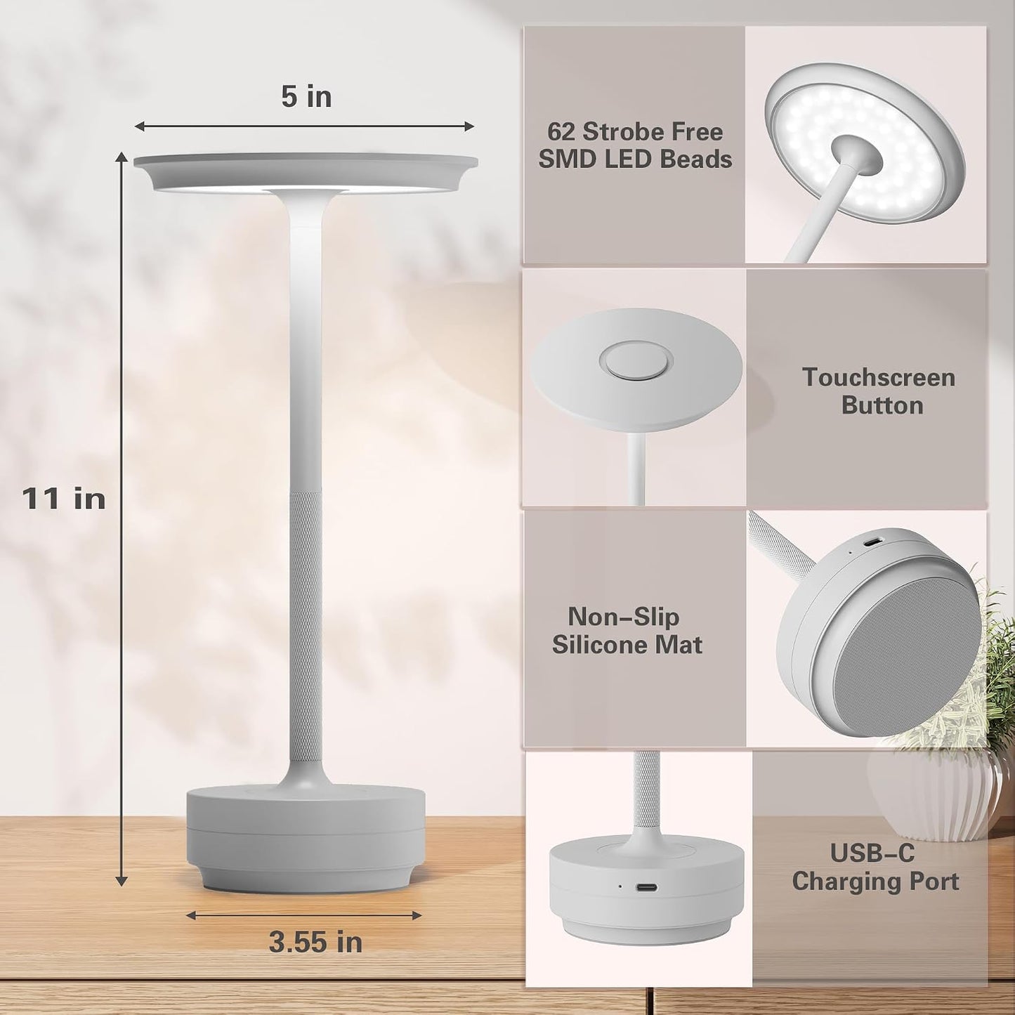 Table Lamp Table Lamps 2P Wihte | Cordless Rechargeable Portable LED 5000mAh 3-Level Brightness Memory Function Battery