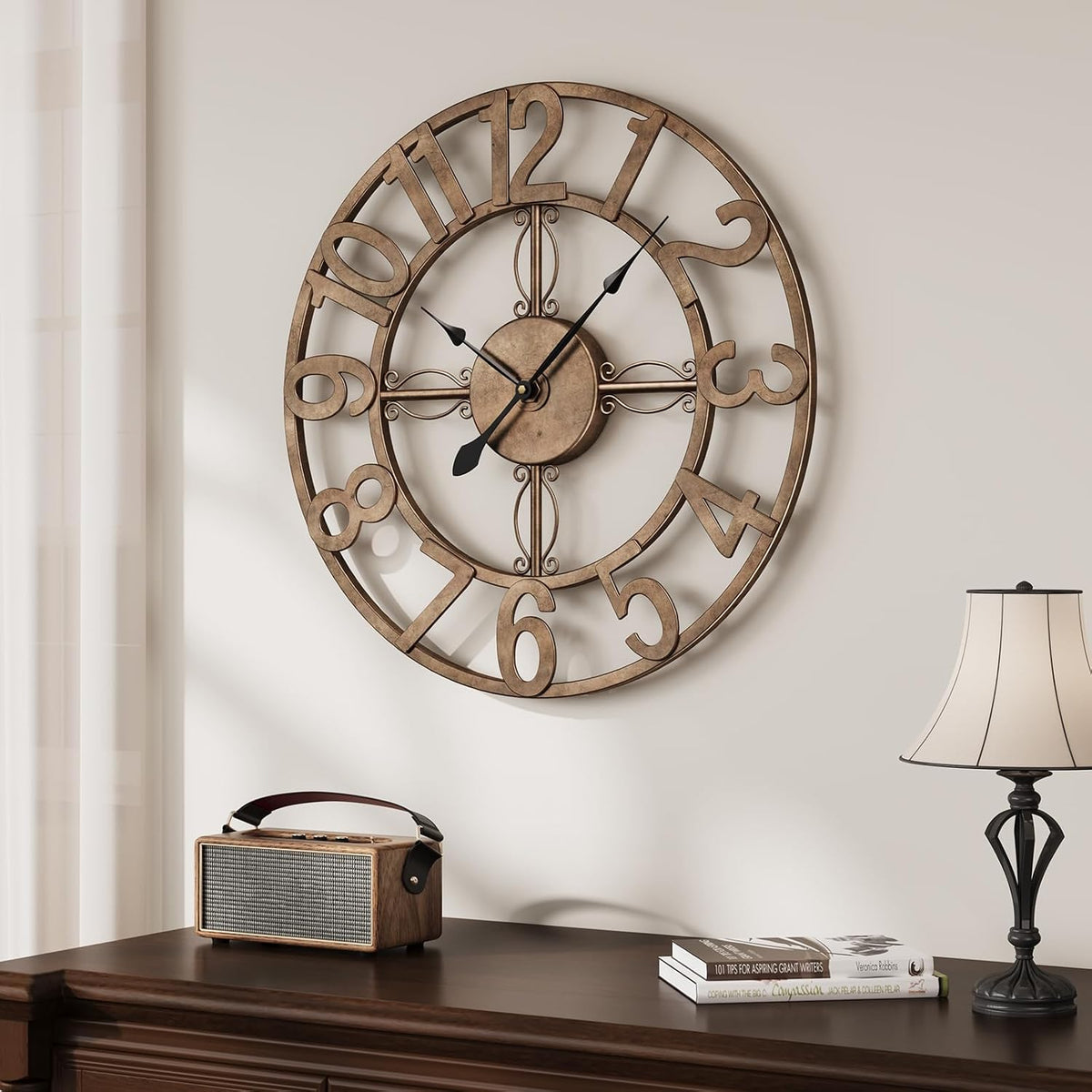 Cuspin 20 Inch Wall Clock Bronze, Large Rustic Decorative Metal Wall Clock | Battery operated, Silent non ticking