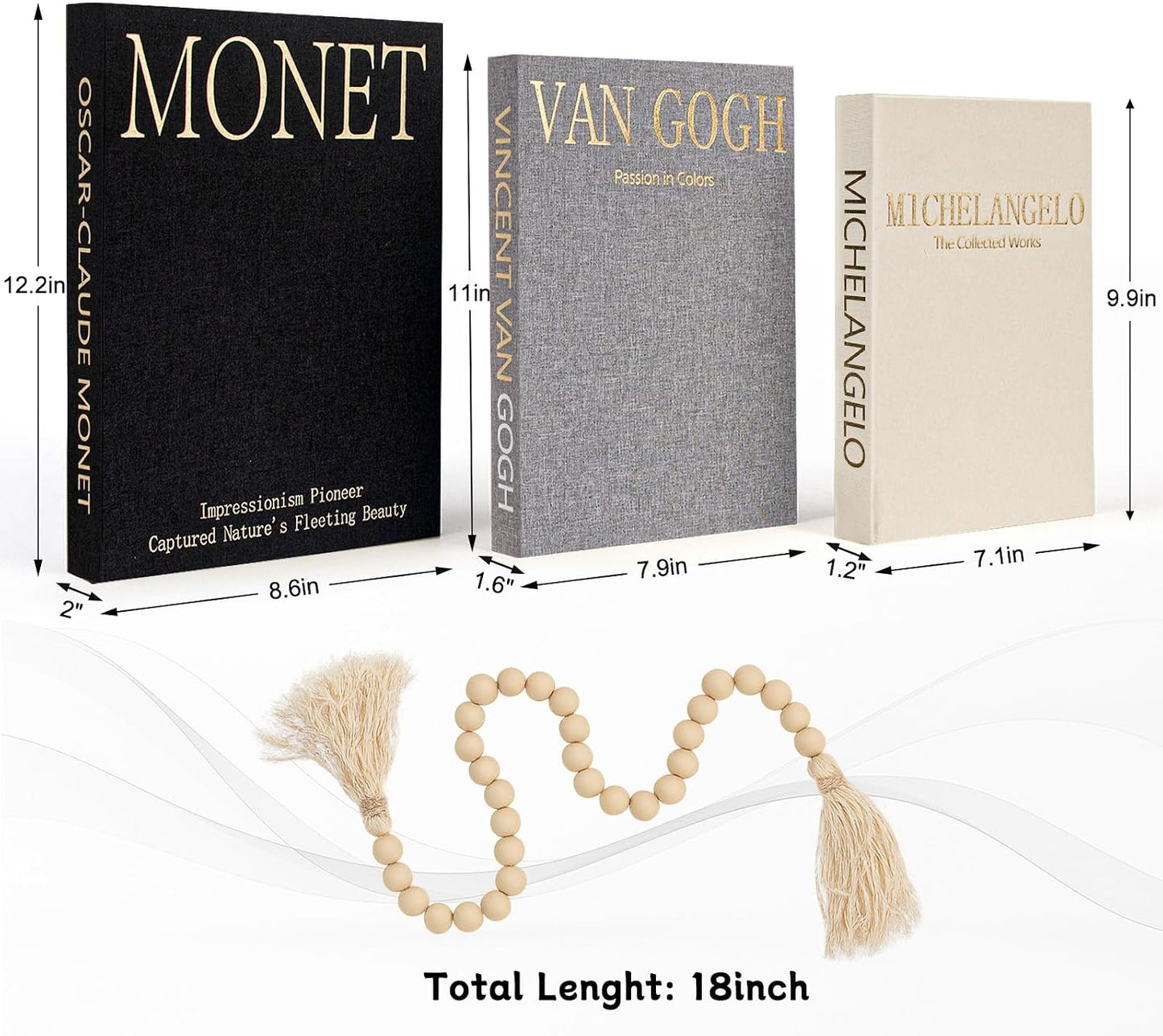 Linen Fake Books for Decoration / Black W. Wooden Beaded / Set of 3