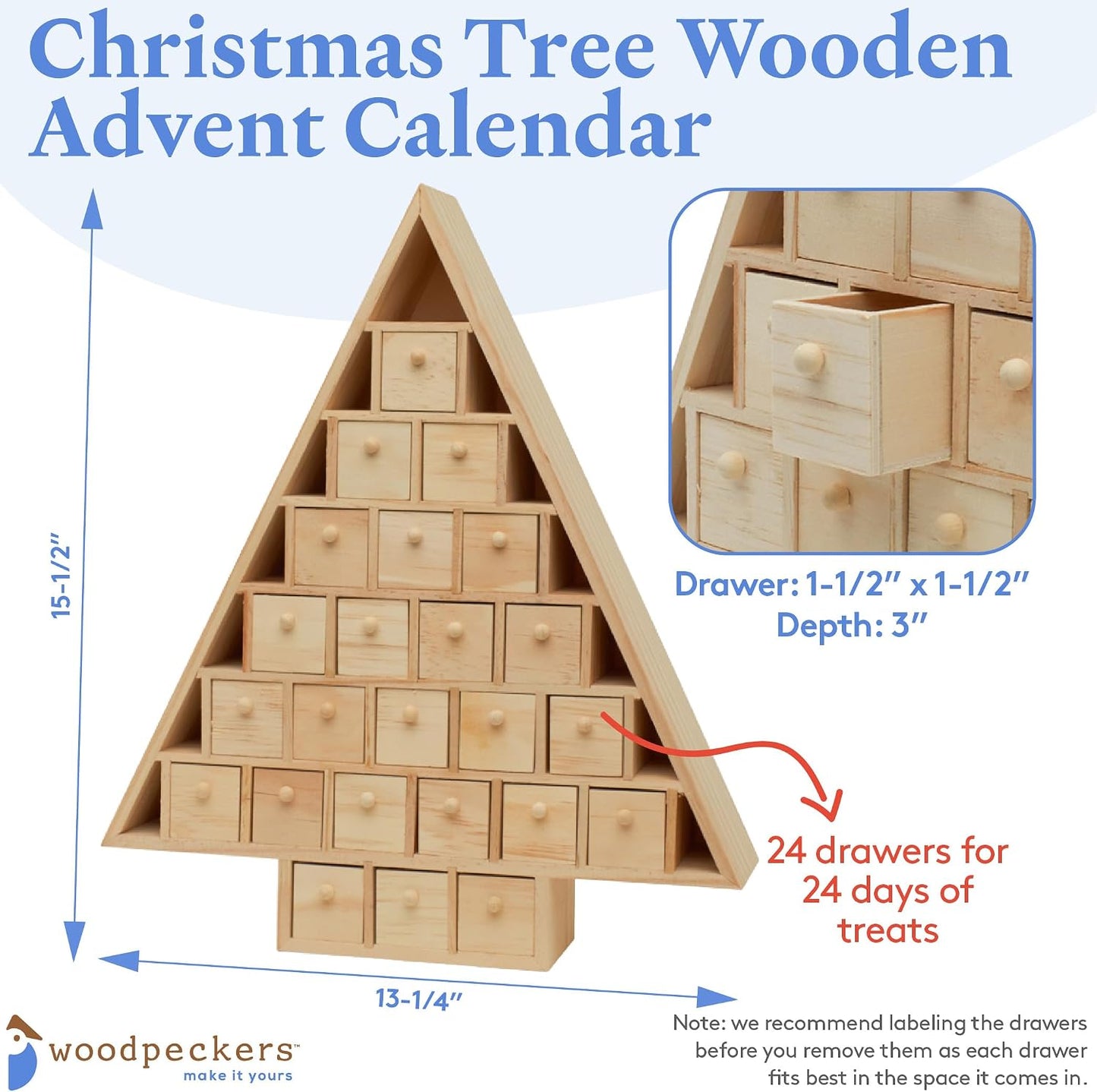 Christmas Tree Wooden Advent Calendar 15 x 13 Inch, Pack of 1 Christmas Advent Calendar With 24 Empty Drawers for DIY
