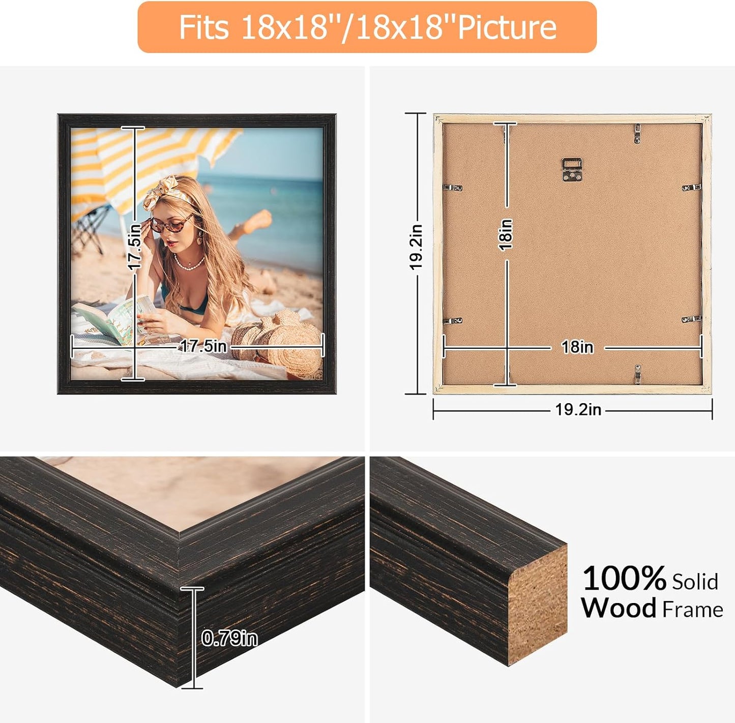 18x18 Wood Frame Black, Rustic Natural Wooden 18x18in Poster Picture Frame, Distressed 18 x 18inch Woodgrain Gallery