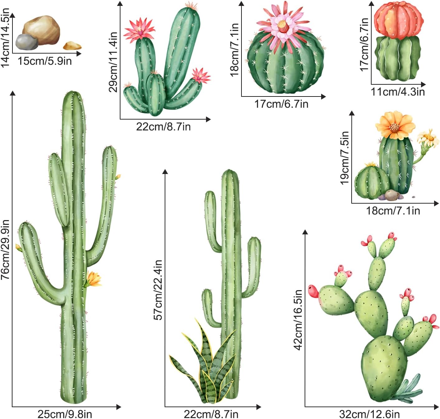 Large Cactus Wall Decals Plants Wall Stickers Peel and Stick Tropical Art Decor / Green