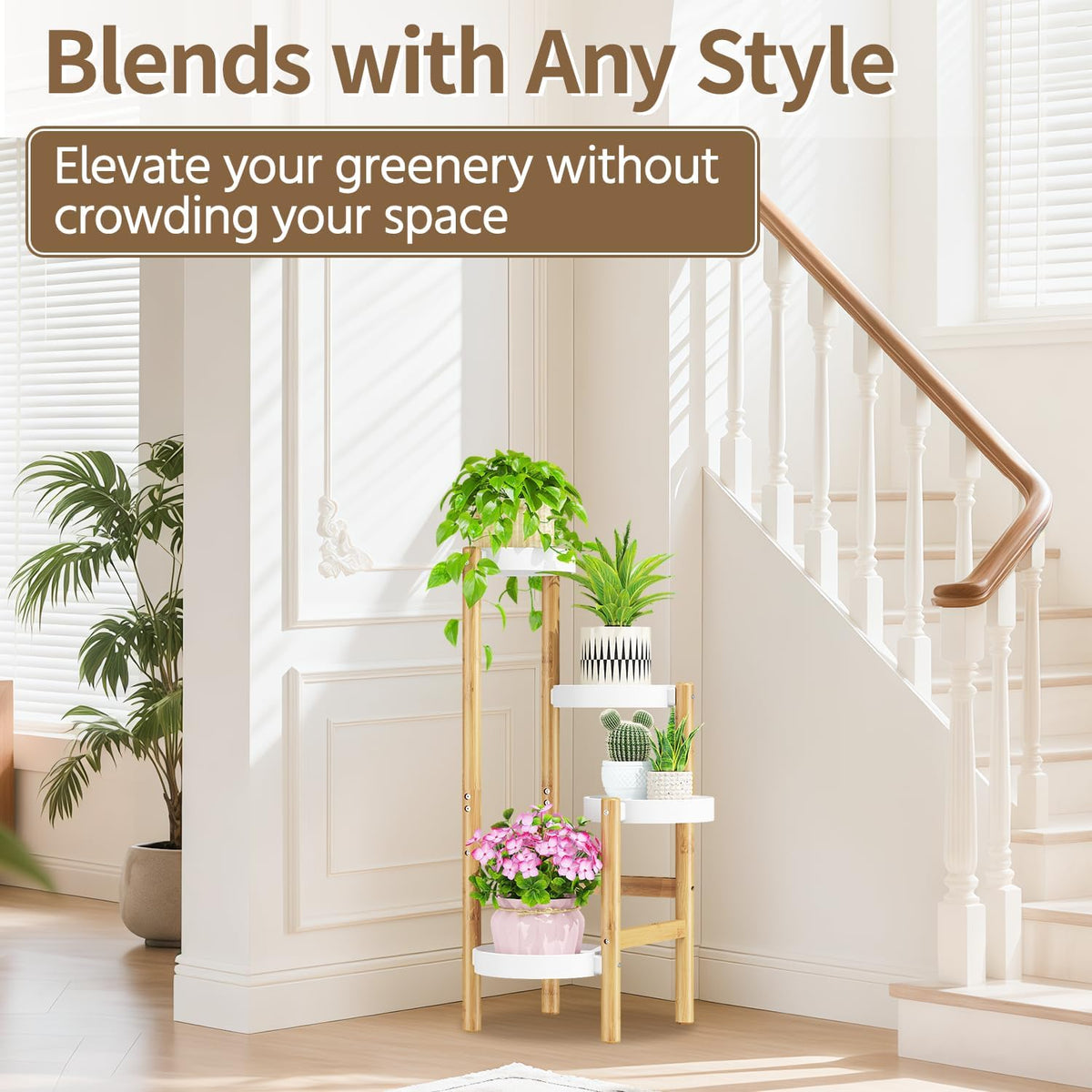 LASZOLA Plant Stand Table Tall for Indoor Corner, 4 Tier Bamboo White | Multiple Level Vertical Planter Rack, Flower