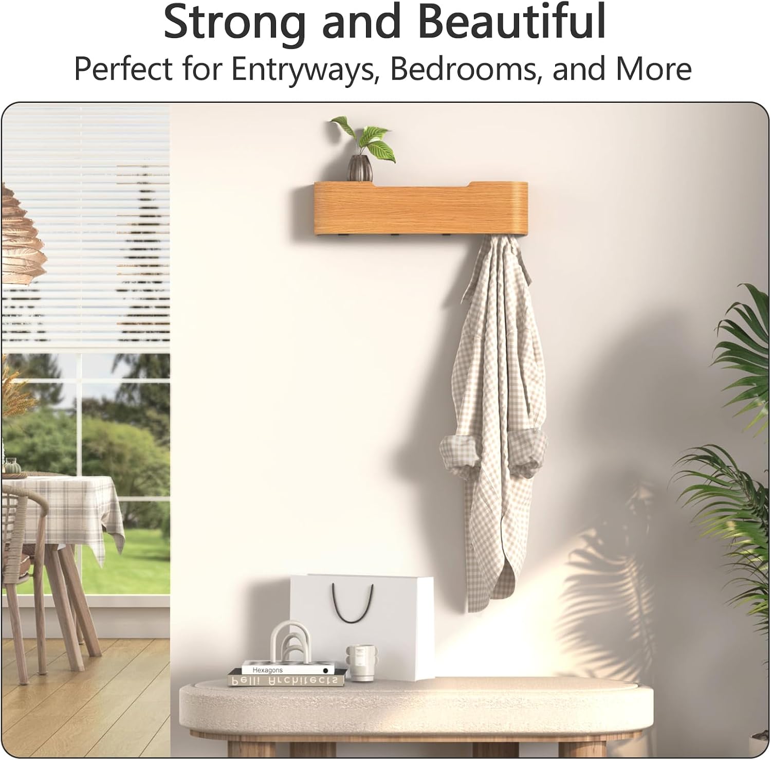 Coat Rack Wall Mount with Hidden Hooks Modern Key Holder Wood Entryway Hook with Shelf for Bedroom Kitchen Hallway
