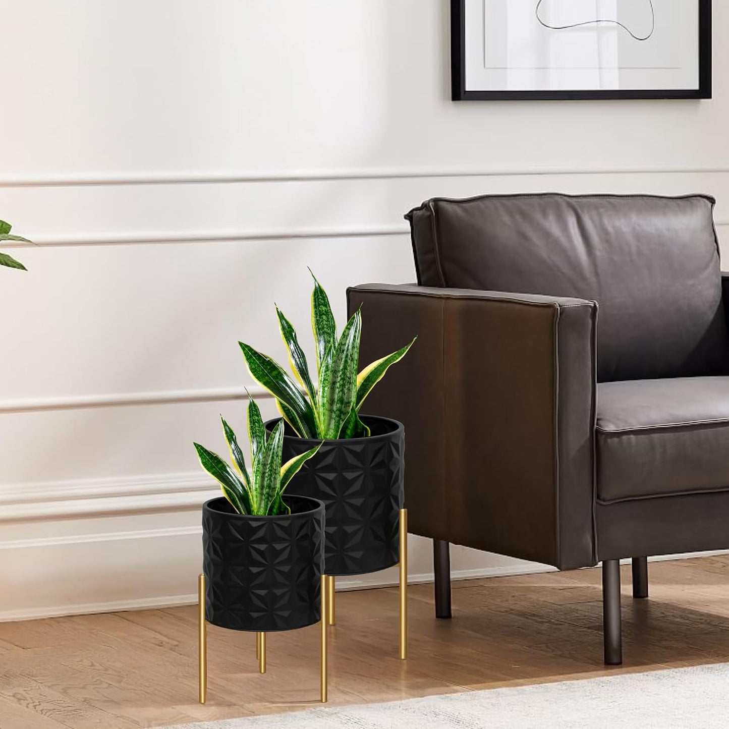 ARNIS Modern Planter Pots, Set of 2 Large Planters with Stand, Decorative Planters, Metal Pots with Drainage Holes for
