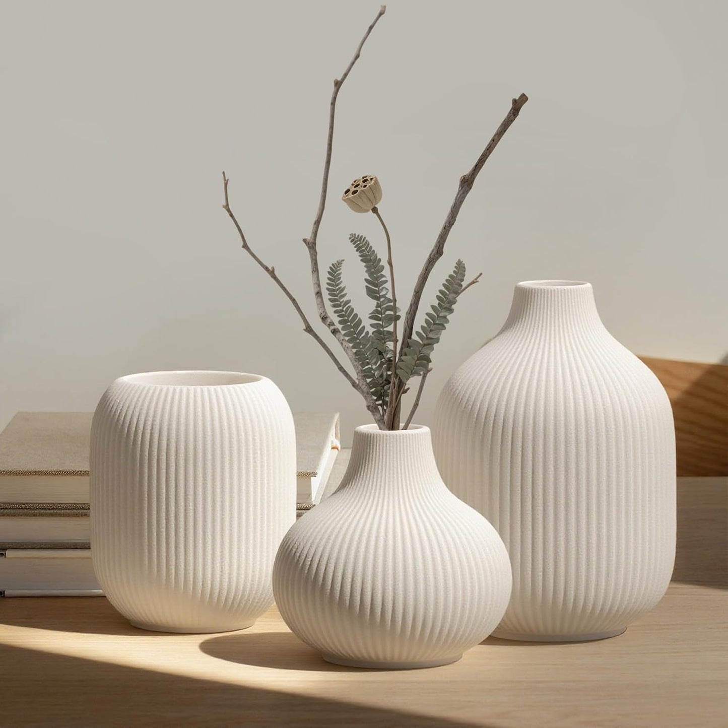 White Small Ceramic Vases / 3-piece-set / Round White / Set of 3