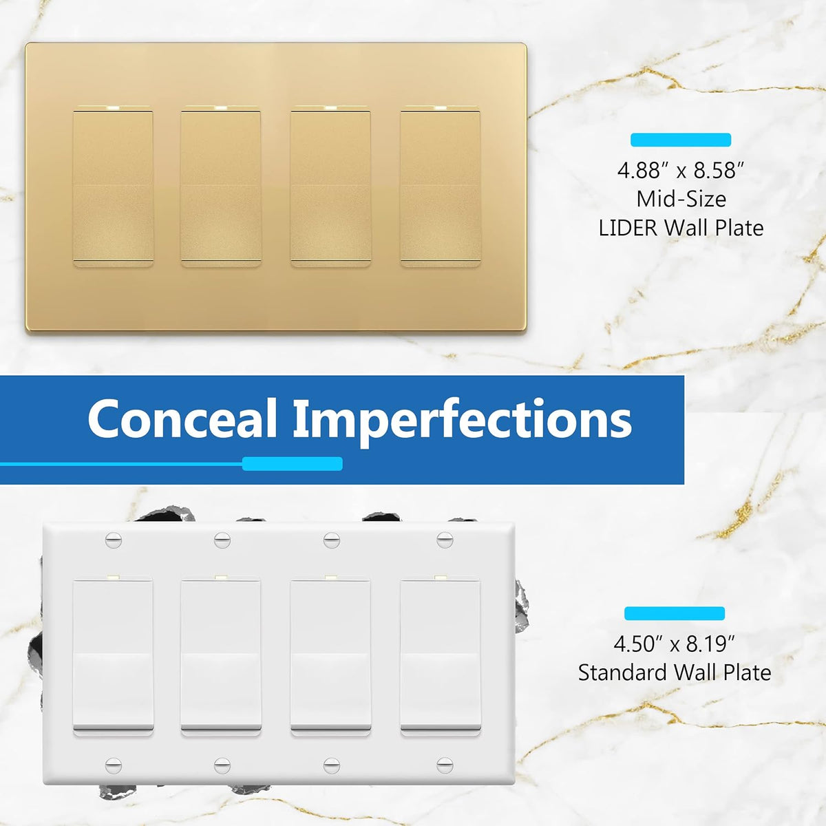 LIDER Decorator Switch Cover, Screwless Wall Plate, Mid-Size 4-Gang, 2-Pack | Matte Gold, Polycarbonate Thermoplastic