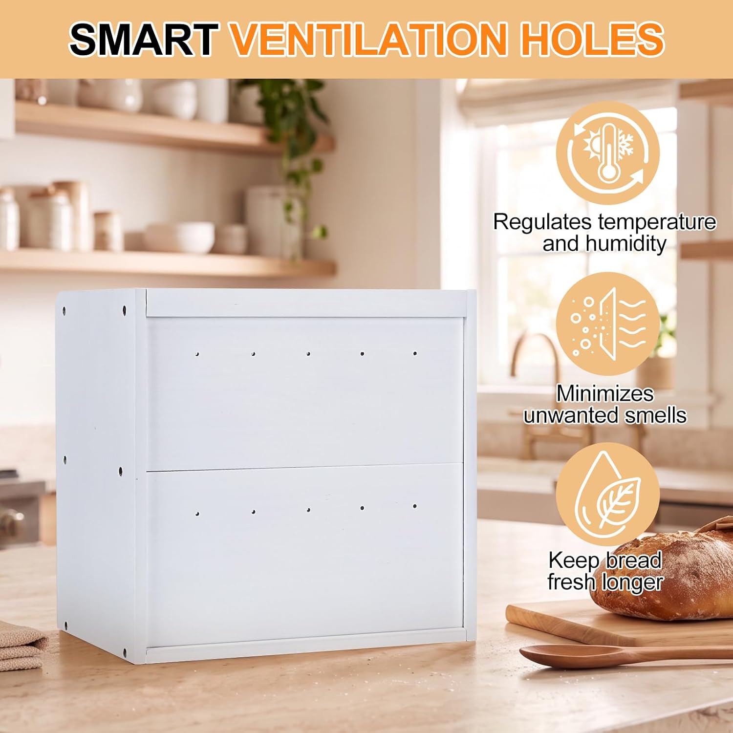 Alpeir Wooden Bread Box for Kitchen Countertop, Large Double Layer, White | Food-Safe Pine Wood, Double-Row