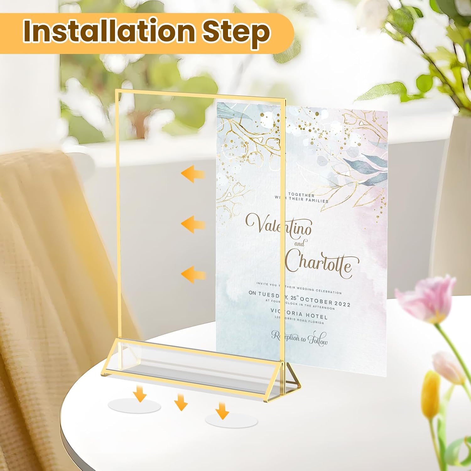Frames Double-Sided Picture Frames Tabletop Acrylic Sign Holder / 8 x 10 / Gold / Set of 3