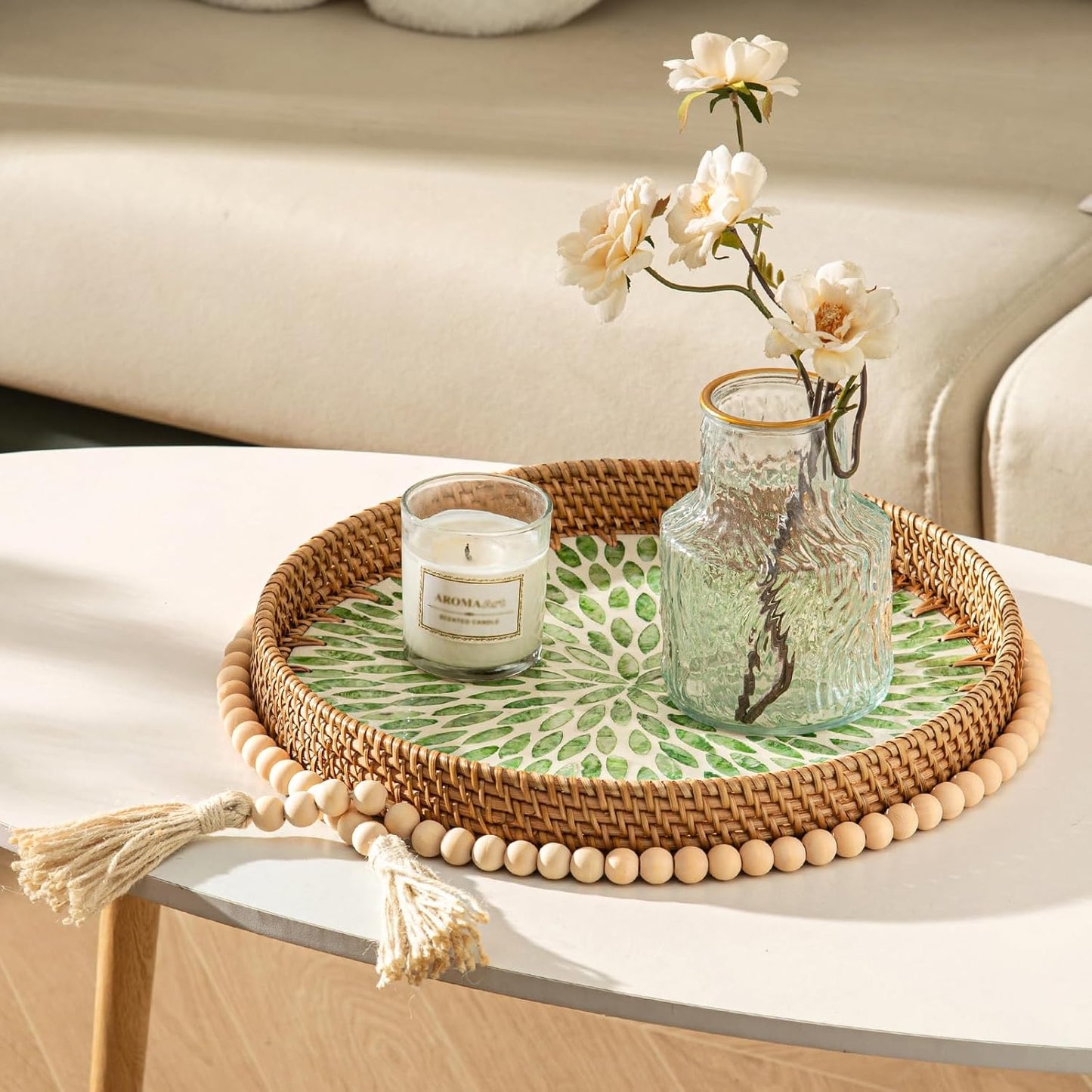 Wicker Serving Tray / Green Leaf / Set of 2