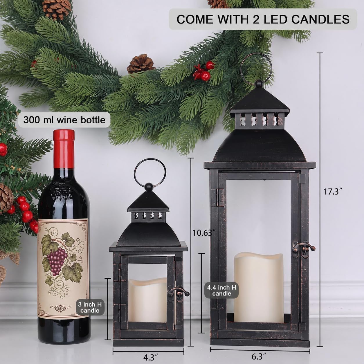 NEEDOMO LED Lanterns Decorative Outdoor&Indoor, Set of 2 Large Bronze Metal Lantern Decor with LED Candle, Lantern
