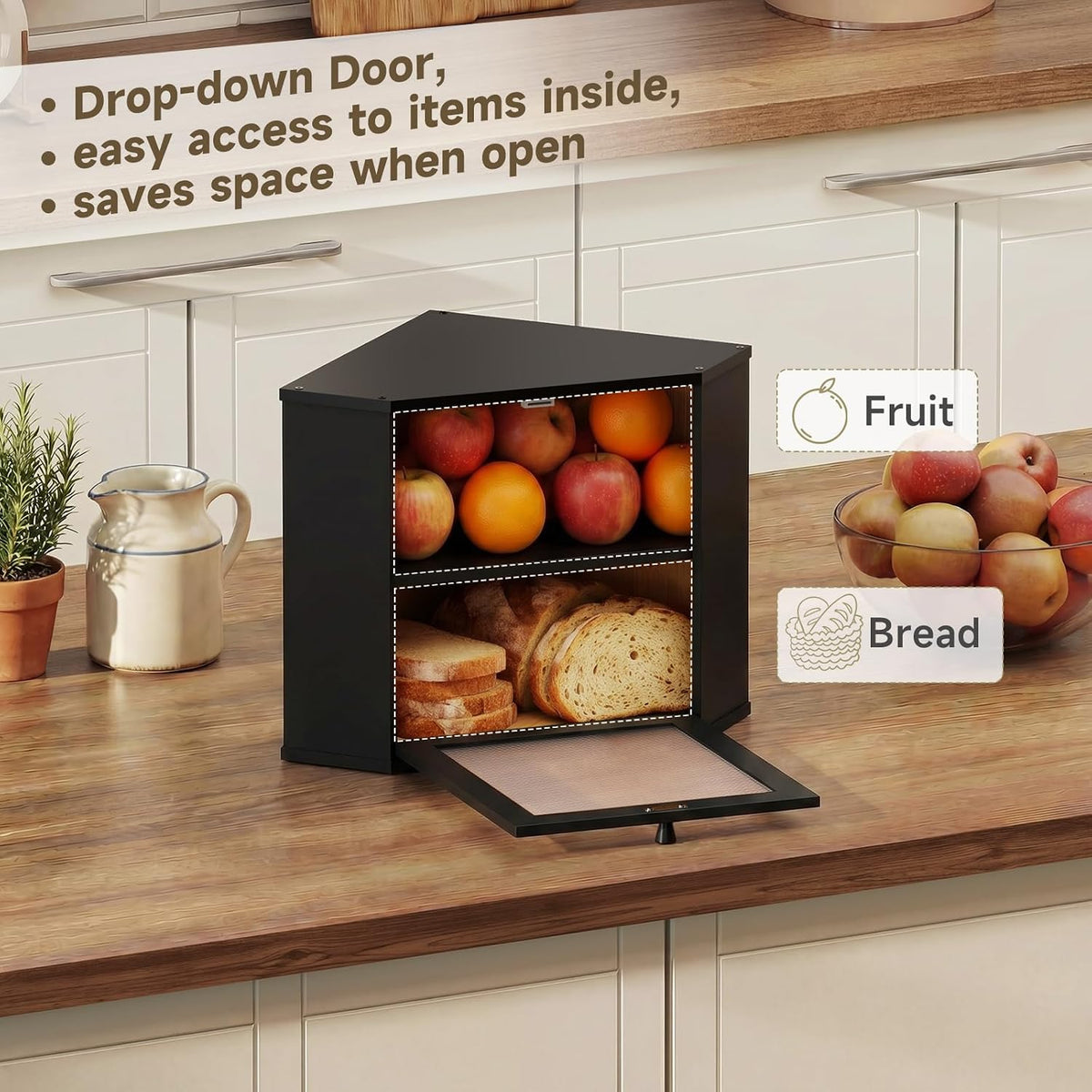 Bread Box for Kitchen Corner Countertop,Large Bread Basket (Black, Large) | Double Layer Bamboo Bread Storage Container
