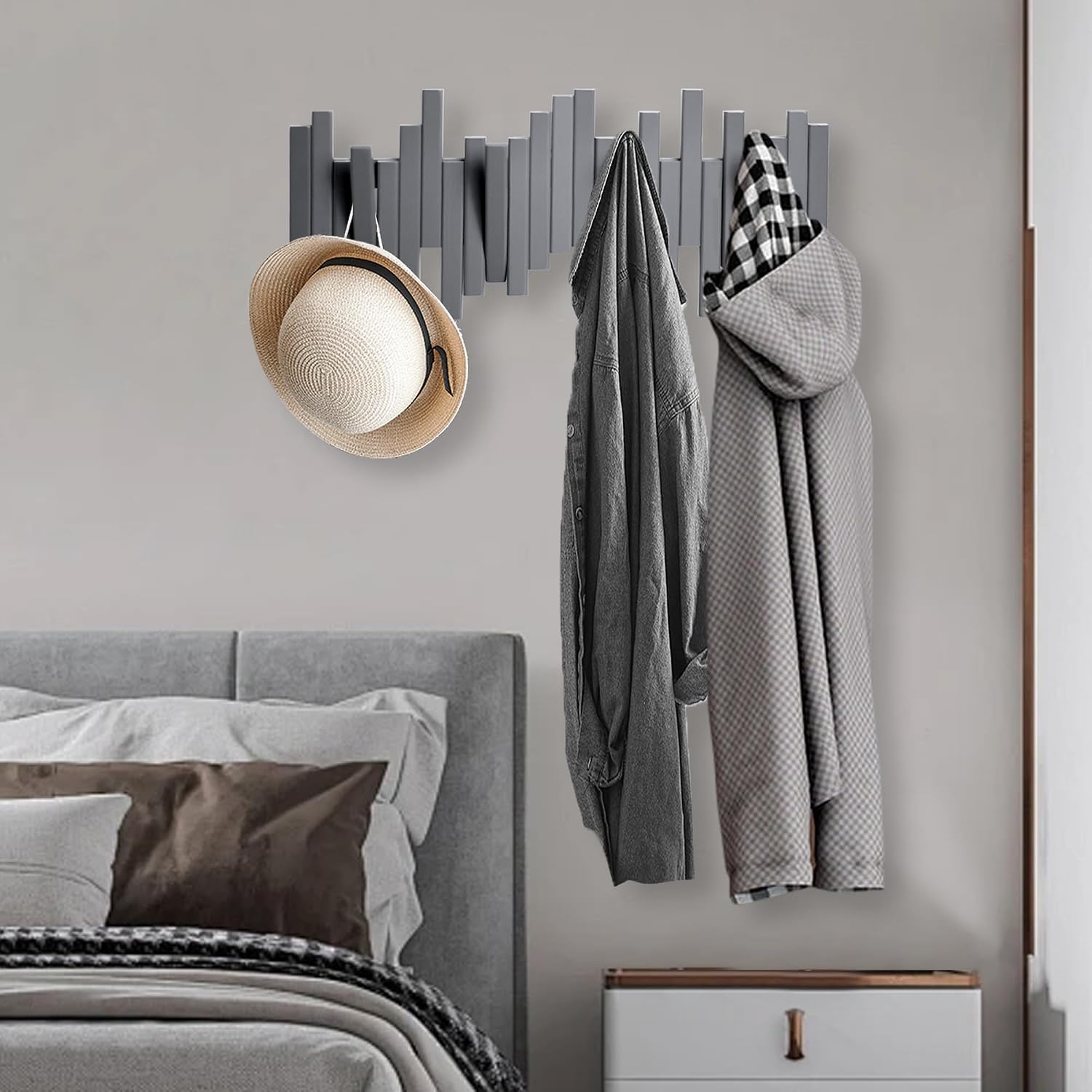 MinBoo Bamboo Multi Hook Coat Rack Modern, Unique, Space-Saving Coat Hanger with 4 Flip-Down Hooks for Hanging Scarves