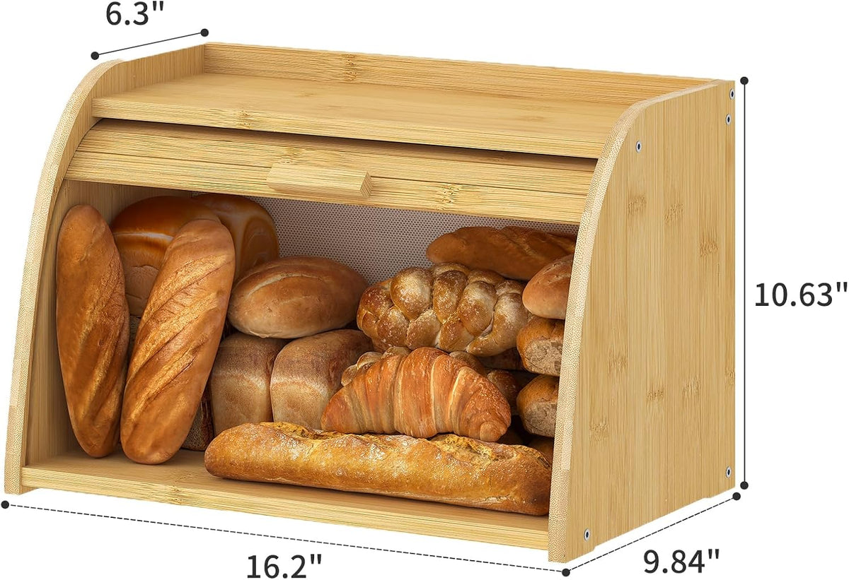 Kitsanery Bread Box for Kitchen Countertop, Bamboo Bread Storage, Double-Layer Roll-Top Bread Container, Farmhouse