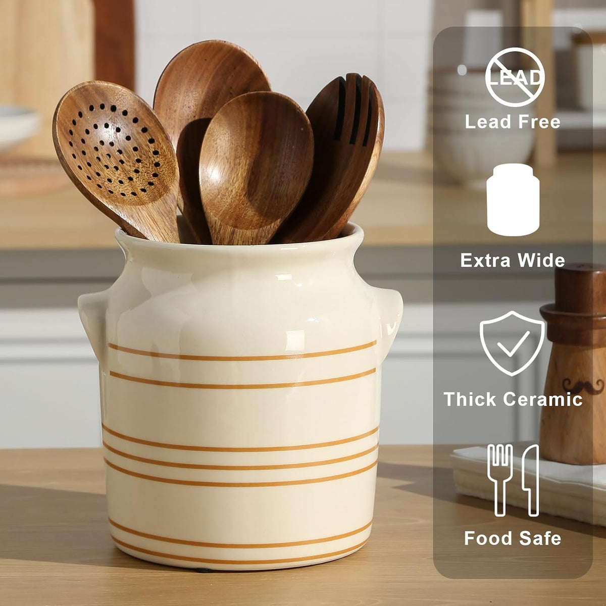 Ceramic Farmhouse Kitchen Utensil Holder for Countertop, Rustic Cooking Utensil Holder Crock Fit for Kitchen Counter.