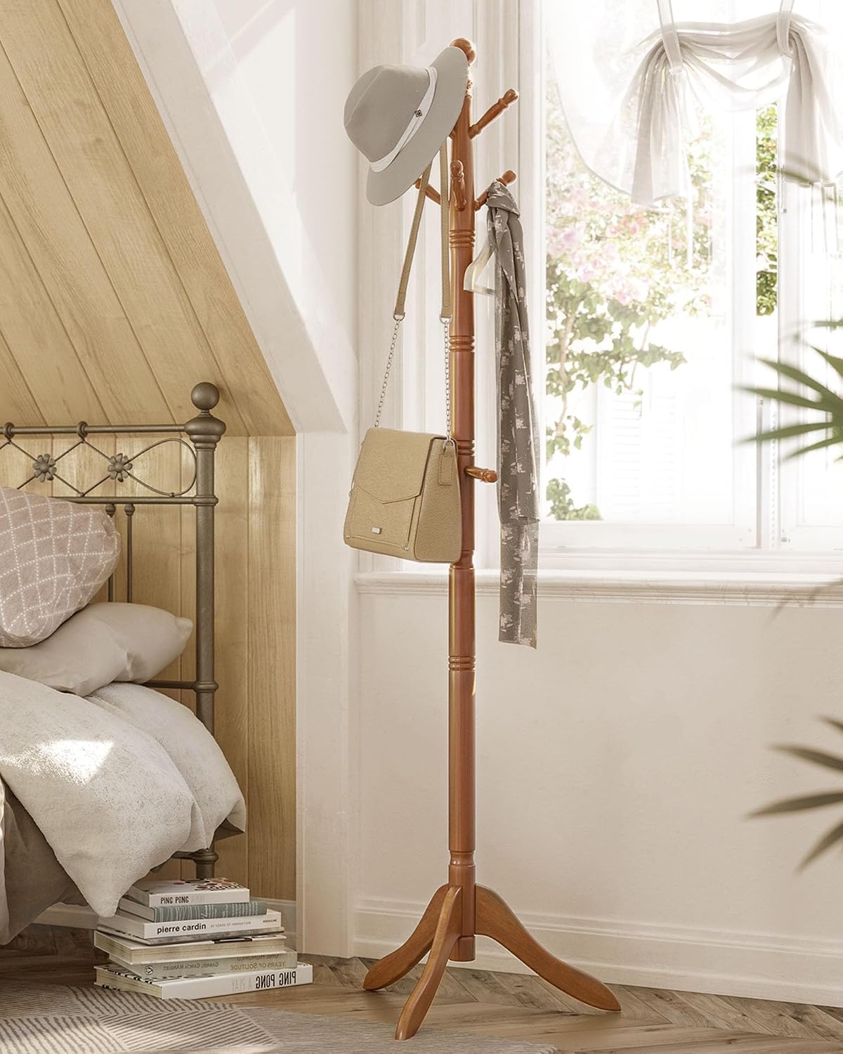 VASAGLE Solid Wood Coat Rack and Stand, Free Standing Hall Coat Tree with 10 Hooks for Hats, Bags, Purses, for