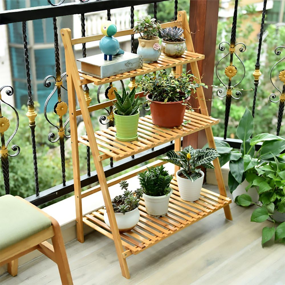 Ufine Bamboo Ladder Plant Stand 3 Tier Foldable Flower Pot Display Shelf | Indoor Outdoor Planter Organizer Holder