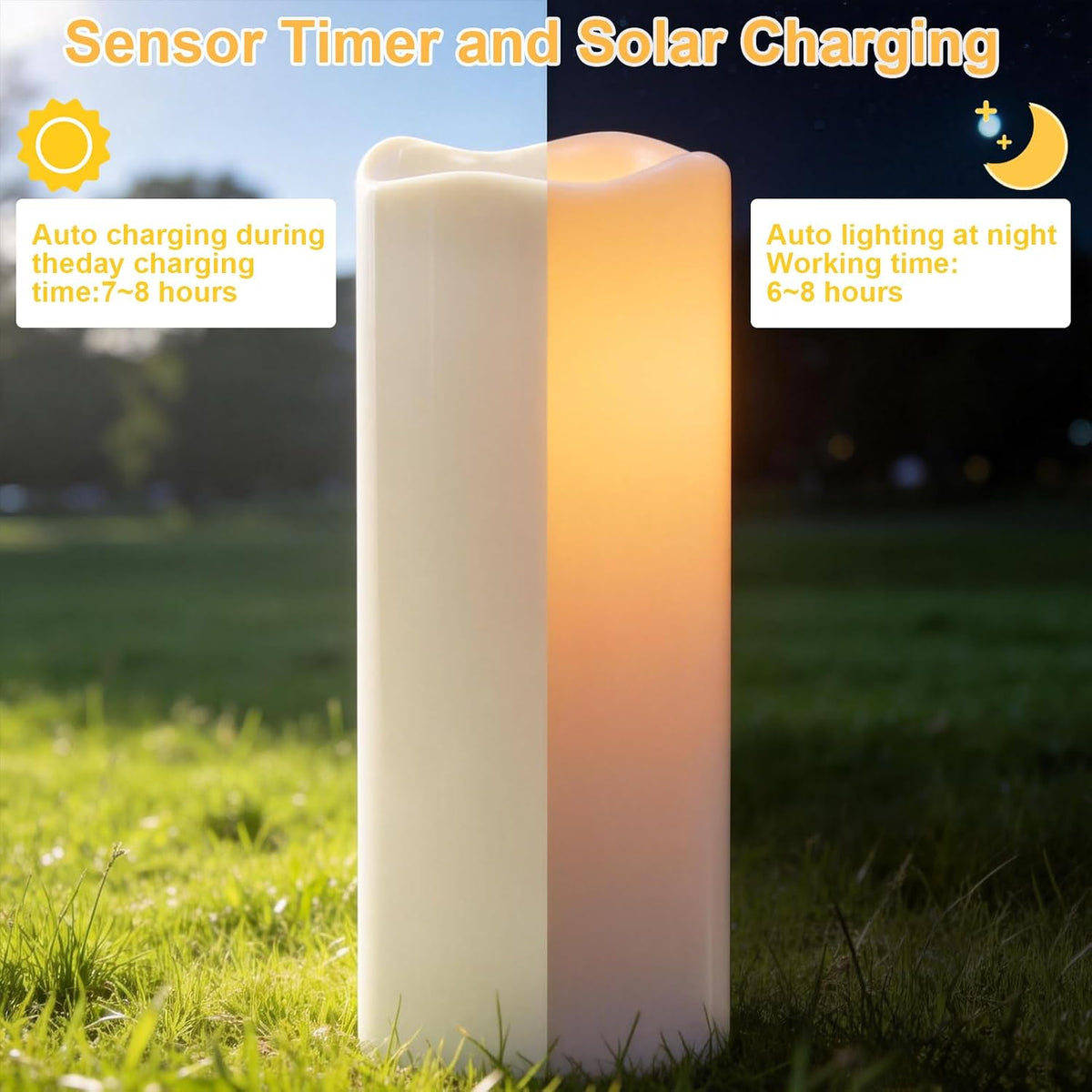 GenSwin Solar Candles Outdoor Waterproof Lantern Ivory White 5 x 12 in | IP65, Sensor for Dusk to Dawn, Large Pillar