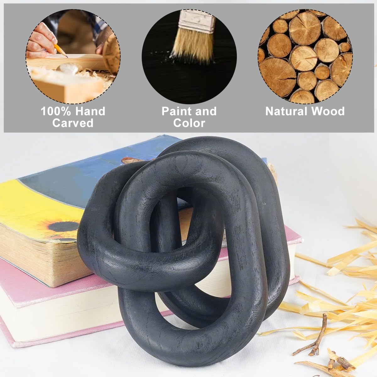 Wood Knot Decor 3-Link Wooden Chain Link Accent / Black