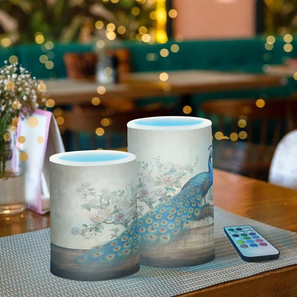 Flickering Flameless Candles, Vintage Peacock LED Candles with Remote Timer, Set of 2 Battery Operated Candle for
