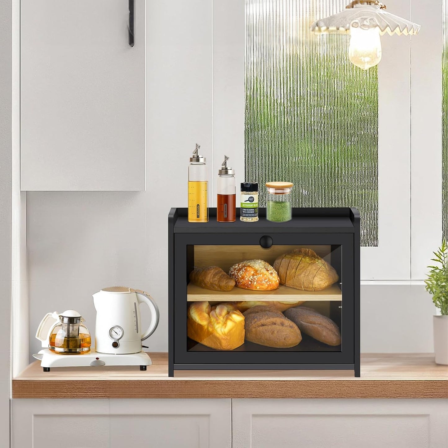 Bamboo Bread Box for Kitchen Countertop, Large Bread Storage Container Bin 2 Layer Breadbox Holder for Kitchen Counter