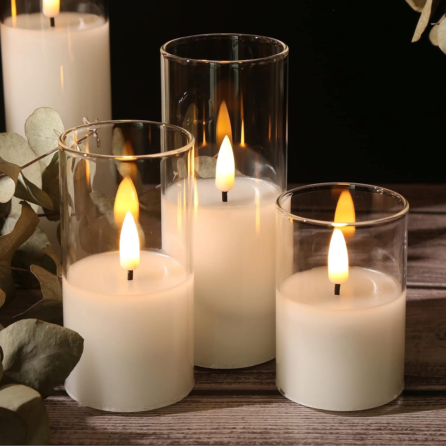 Clear Glass Fake Pillar Candles with Remote Batteries Set of 5 | Flickering Tall Flameless LED Candles, Wedding Home