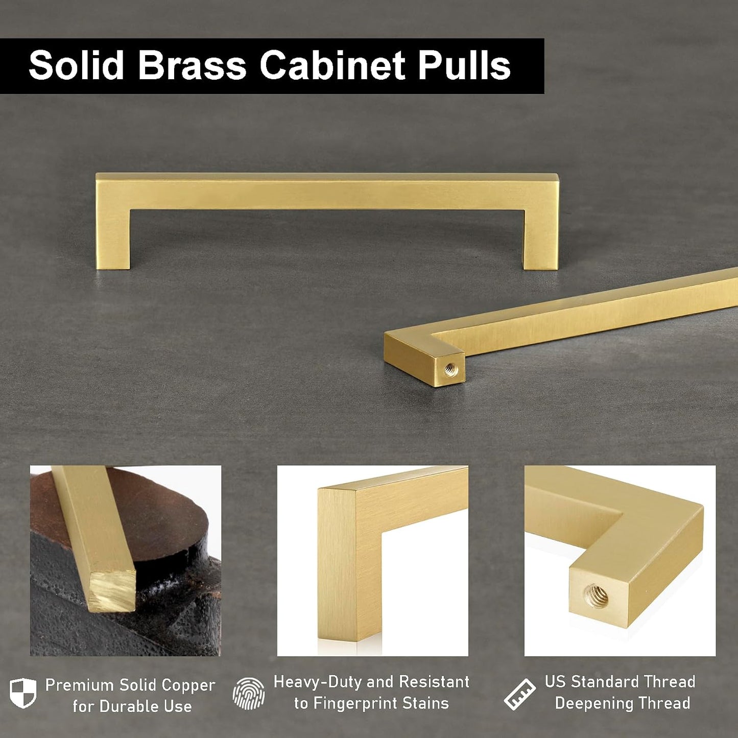 QOGRISUN 5-Pack Brushed Brass Cabinet Pulls, Solid Brass, 8-3/4" Center | Solid Brass Square Pulls, Brushed Brass