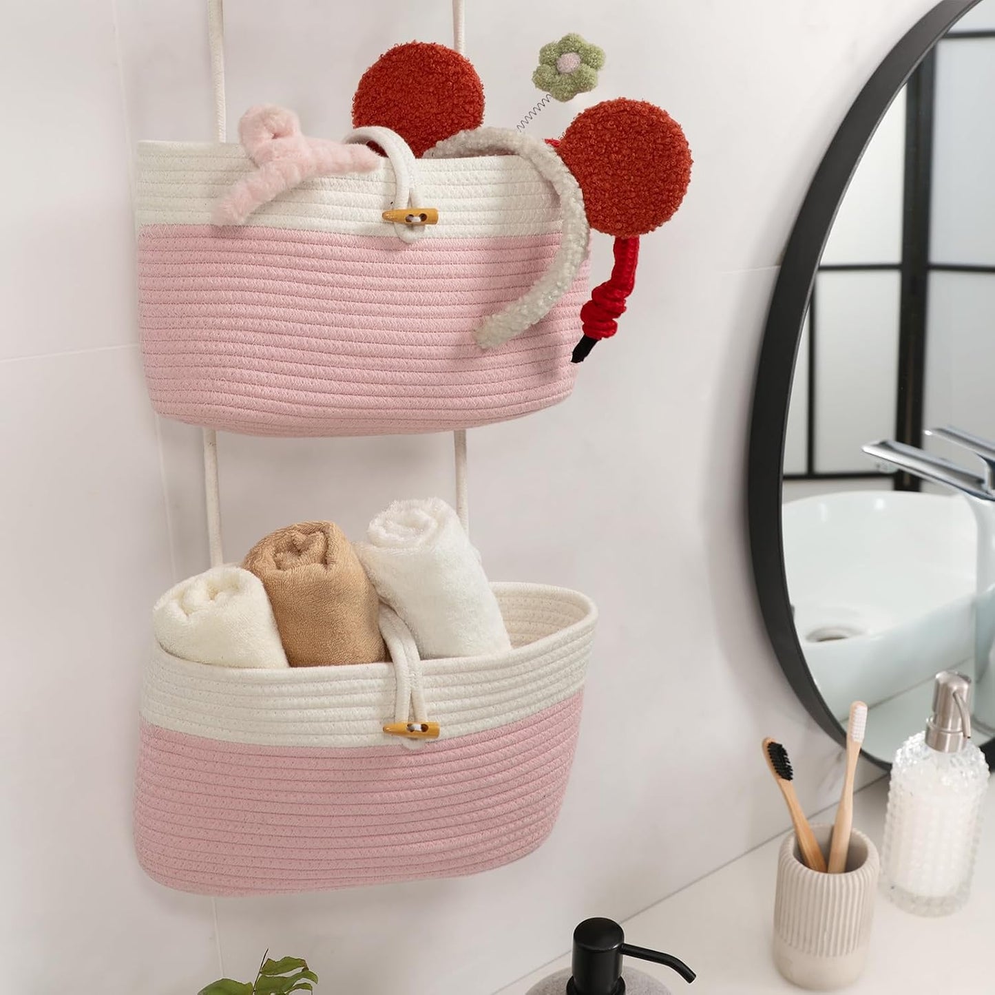 3-Tier Woven Cotton Storage Organizer Bag / Pink+white / 3 Tier+button