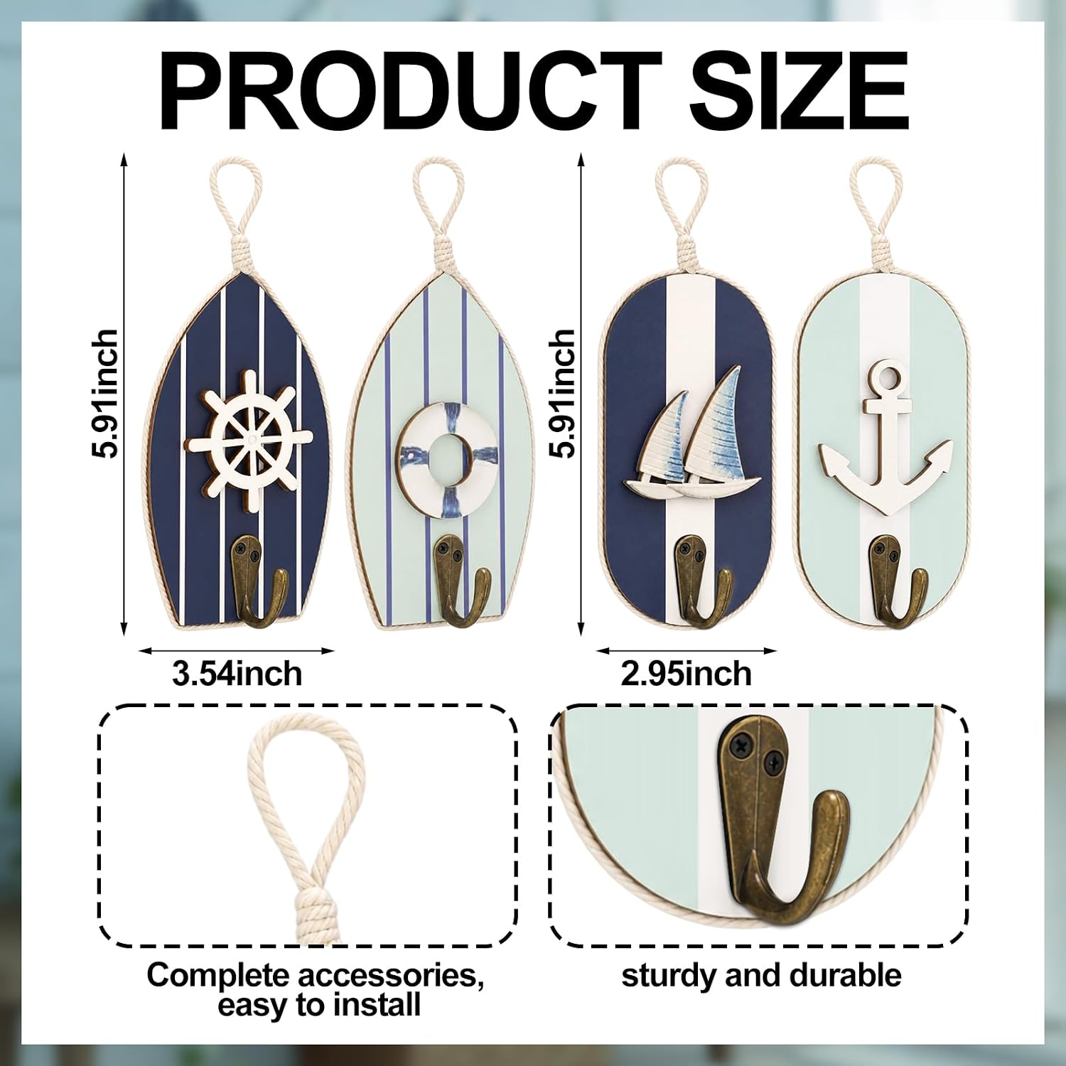 Sea Wall Hooks Wall Mounted Key Holder Beach Bathroom Decor Summer Rustic / Nautical / Set of 4