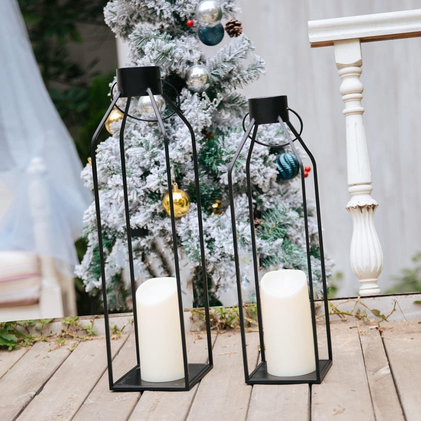 HPC Decor 22'' 19'' Lanterns Decorative w/ Flickering Timer Candles- Large Tall Black Metal Candle Lanterns Set of 2