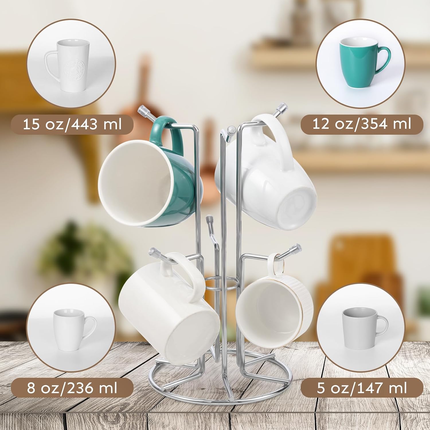 HULISEN Mug Tree for Large Cup, 6 Hook Countertop Coffee Mug Holder, Silver | Cup Rack for Counter, Stable Wide Base